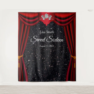 Sweet 16 Silver Rose Red Curtain Black Glitter Tapestry