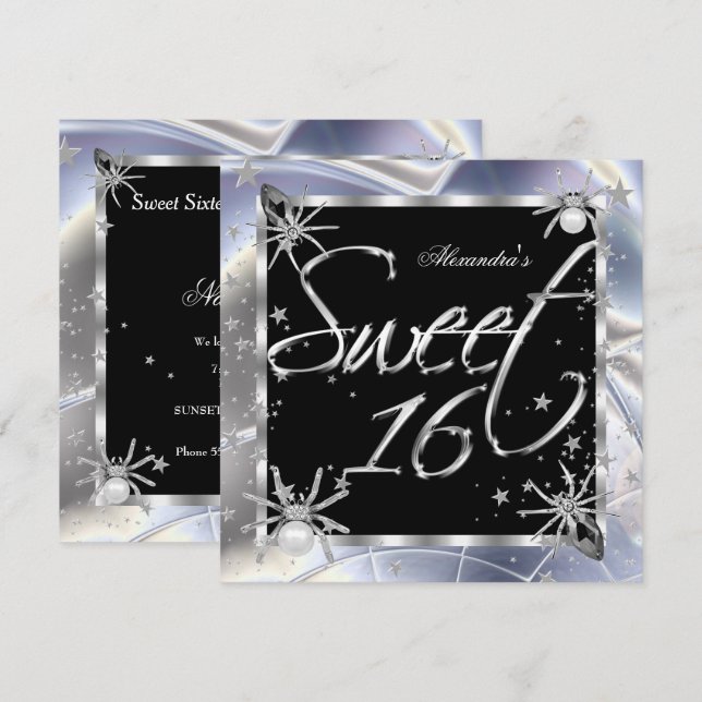 Sweet 16 Silver Spiders 16th Birthday Party Invitation (Front/Back)