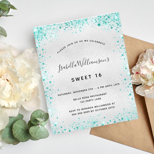 Sweet 16 silver teal glitter budget invitation flyer (Creator Uploaded)