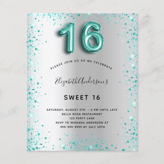 Sweet 16 silver teal glitter budget invitation flyer (Front)