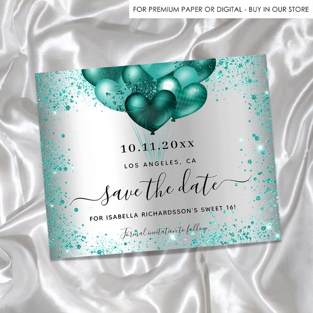 Sweet 16 silver teal glitter budget save the date flyer (Creator Uploaded)
