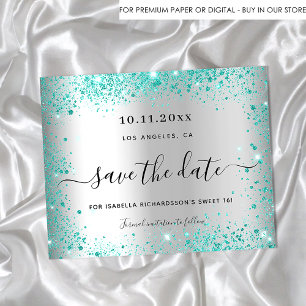 Sweet 16 silver teal glitter budget save the date flyer