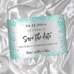 Sweet 16 silver teal green glitter glamourous save the date<br><div class="desc">A girly and trendy Save the Date for a Sweet 16,  16th birthday party. A faux silver looking background decorated with teal,  green faux glitter dust. Personalise and add a date and name/age. The text: Save the Date is written with a large trendy hand lettered style script.</div>