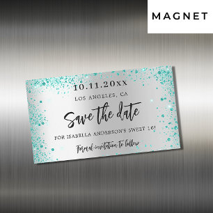 Sweet 16 silver teal green save the date magnet