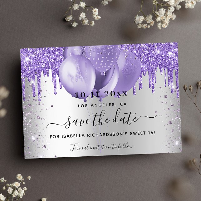 Sweet 16 silver violet balloons save the date announcement postcard (Creator Uploaded)