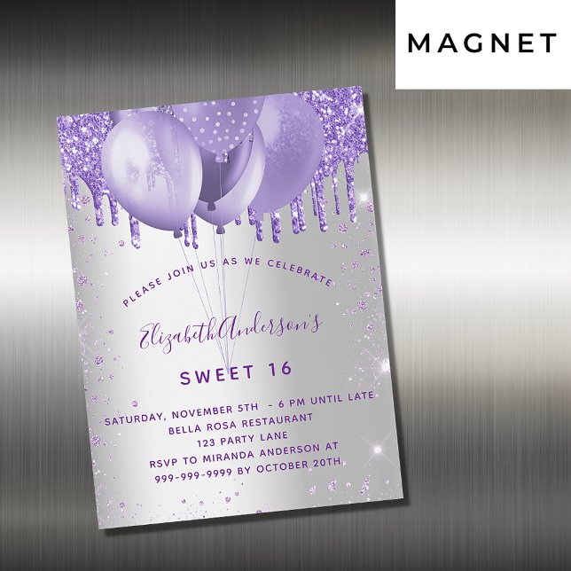 Sweet 16 silver violet glitter balloons luxury magnetic invitation (Creator Uploaded)