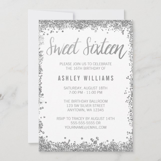 Sweet 16 Silver White Faux Glitter Birthday Invitation (Front)