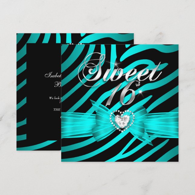 Sweet 16 Sixteen Aqua Blue Black Zebra 2 Invitation (Front/Back)