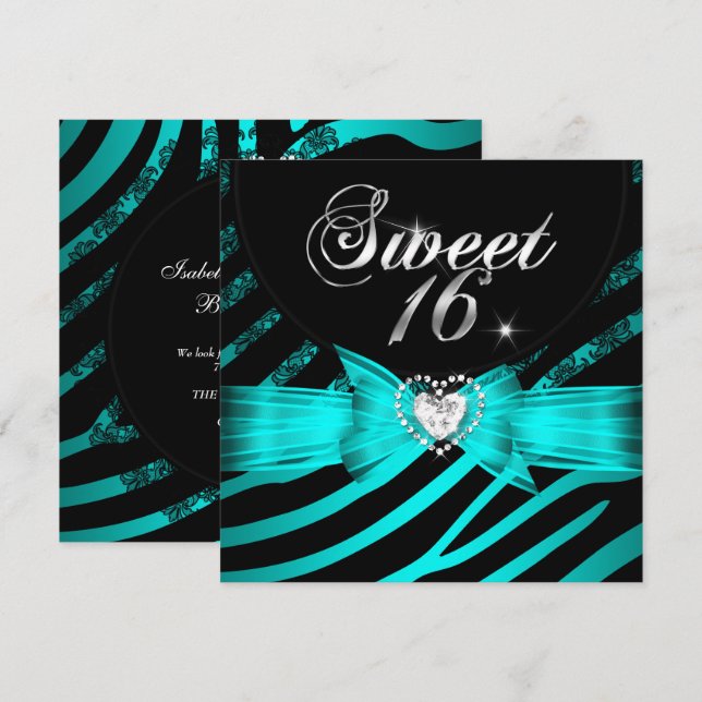 Sweet 16 Sixteen Aqua Blue Black Zebra Invitation (Front/Back)