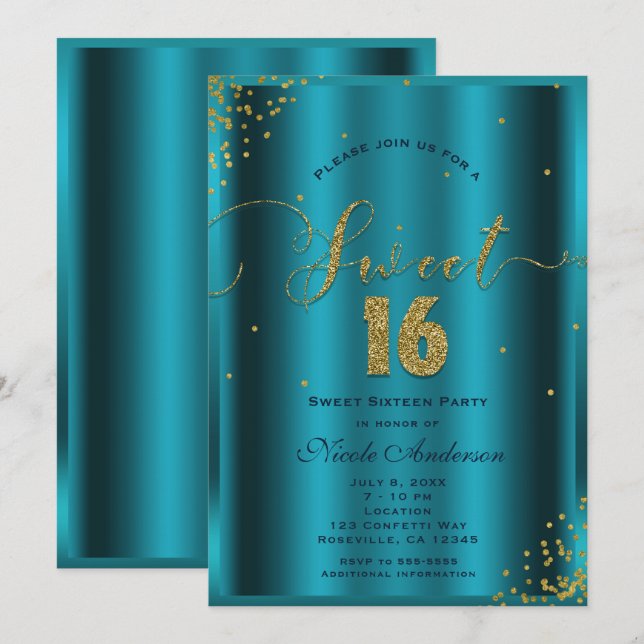 SWEET 16 Sixteen Aqua Blue & Gold Confetti Corners Invitation (Front/Back)