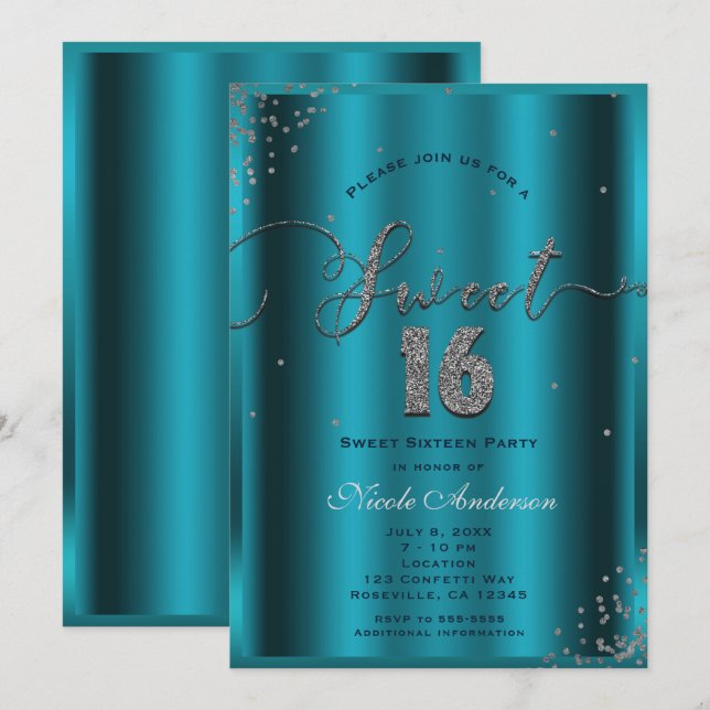 SWEET 16 Sixteen Aqua Blue Silver Confetti Corners Invitation (Front/Back)