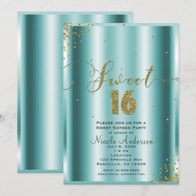 SWEET 16 Sixteen Aqua & Gold Confetti Corners Invitation (Front/Back)
