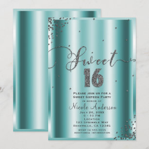 SWEET 16 Sixteen Aqua & Silver Confetti Corners Invitation