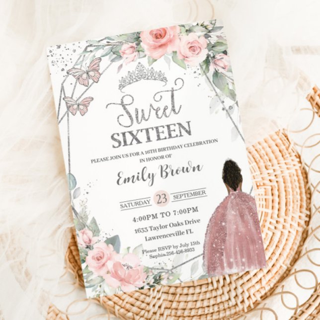 Sweet 16 Sixteen Birthday Blush Floral Brown Girl Invitation (Creator Uploaded)