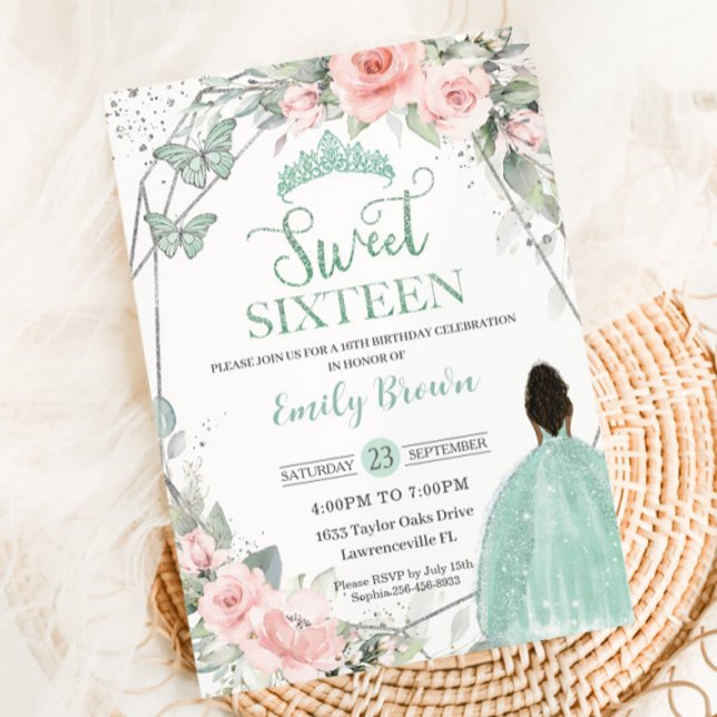 Sweet 16 Sixteen Birthday Blush Floral Mint Green  Invitation (blush-floral-brown-princess-mint-seafoam-green-dress-silver-crown-sweet-sixteen-16-birthday-invite)