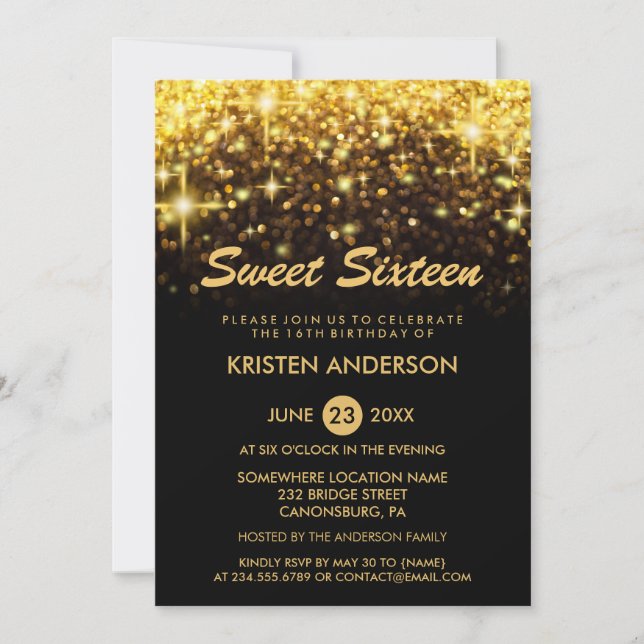 Sweet 16 Sixteen Birthday Gold Glitter Sparkles Invitation (Front)