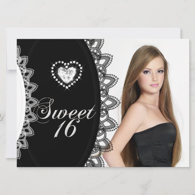 Sweet 16 Sixteen Birthday Party Black White Lace Invitation (Front)
