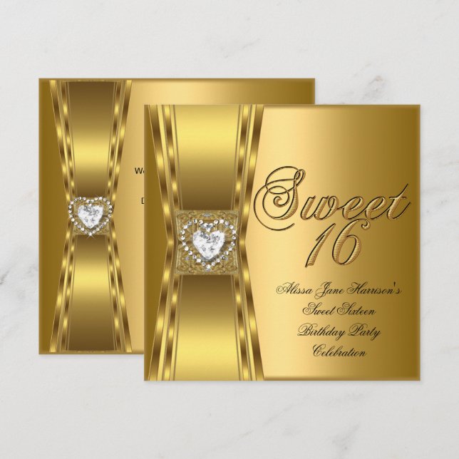 Sweet 16 Sixteen Birthday Party Gold Heart Invitation (Front/Back)