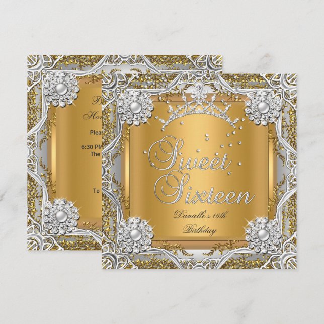 Sweet 16 Sixteen Birthday Party Gold Silver Invitation (Front/Back)
