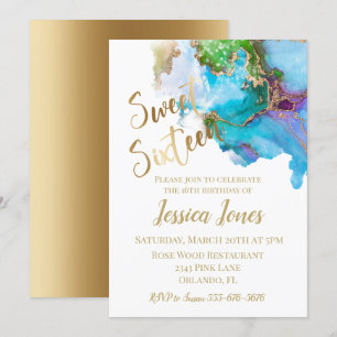 Sweet 16 Sixteen Birthday Party Gold Watercolor Invitation