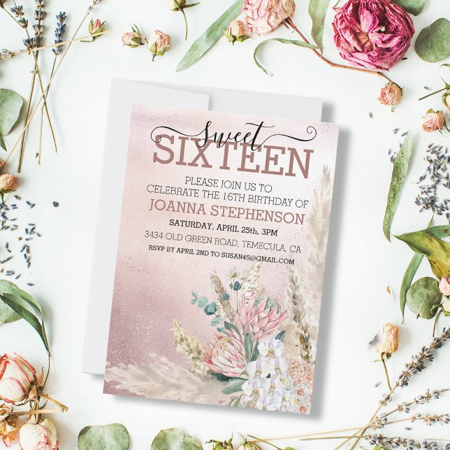 Sweet 16 Sixteen Birthday Party Pampas Grass Pink Invitation (Creator Uploaded)