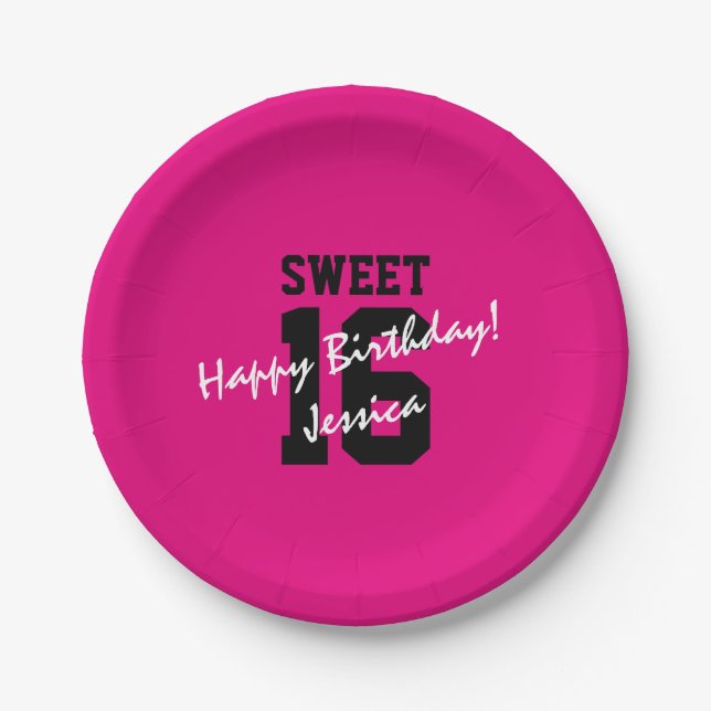 Sweet 16 Sixteen Birthday party pink black plates (Front)