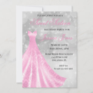 Sweet 16 Sixteen Birthday Party Pink Gown Dress Invitation
