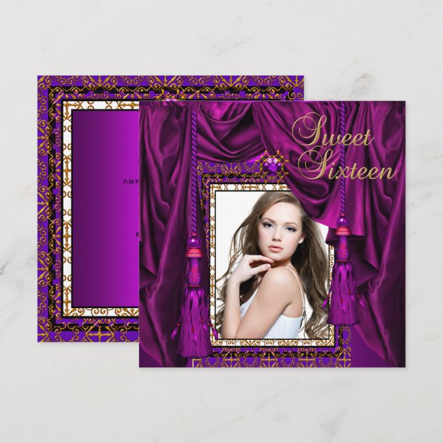 Sweet 16 Sixteen Birthday Party Purple Gold Invitation (Front/Back)