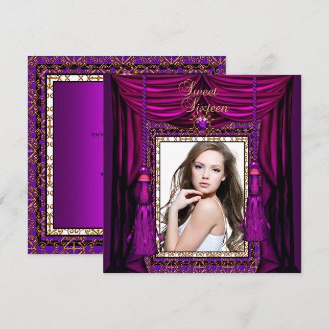 Sweet 16 Sixteen Birthday Party Purple Pink Gold Invitation (Front/Back)