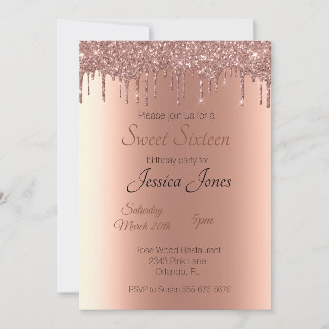 Sweet 16 Sixteen Birthday Party Rose Gold Drips Invitation (Front)