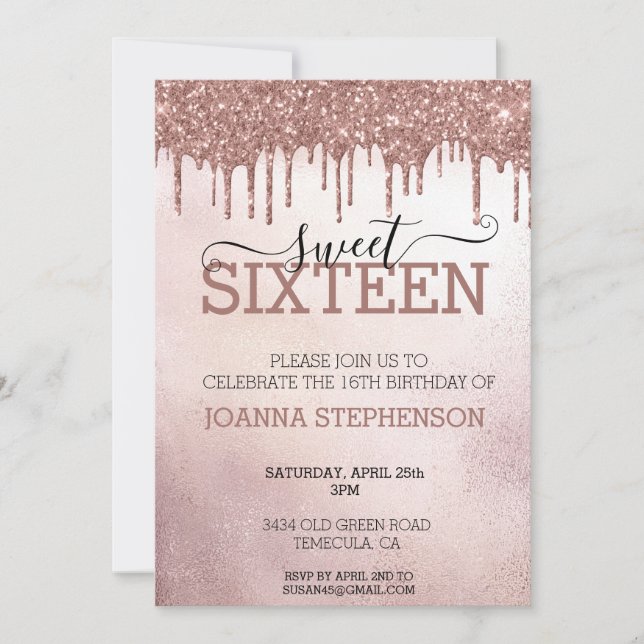 Sweet 16 Sixteen Birthday Party Rose Gold  Invitation (Front)