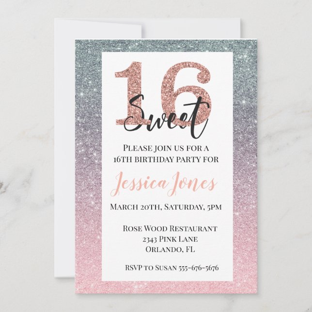 Sweet 16 Sixteen Birthday Party Rose Gold ombre Invitation (Front)