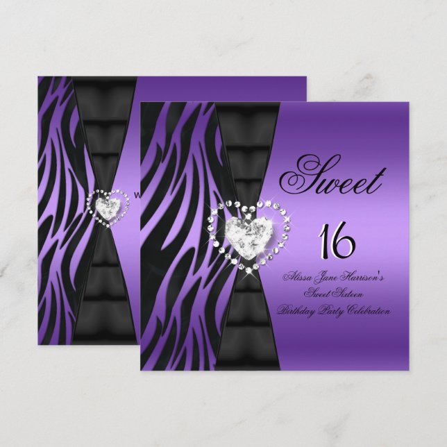 Sweet 16 Sixteen Birthday Party Zebra Purple Invitation (Front/Back)