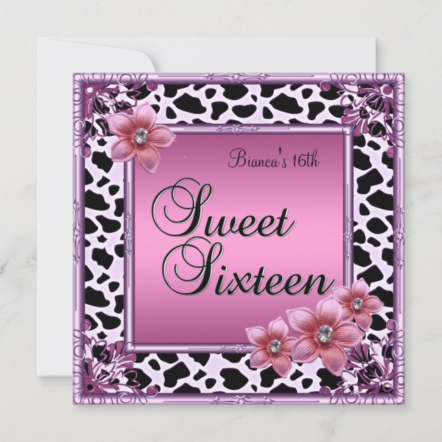 Sweet 16 Sixteen Birthday Pink Flower Pink Black Invitation (Front)