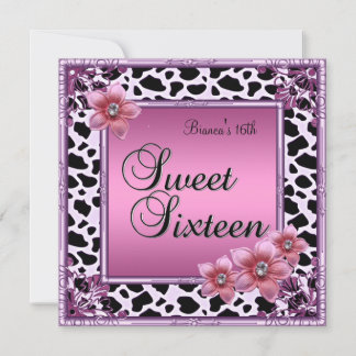 Sweet 16 Sixteen Birthday Pink Flower Pink Black Invitation