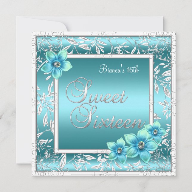 Sweet 16 Sixteen Birthday Teal Blue Flower Silver Invitation (Front)
