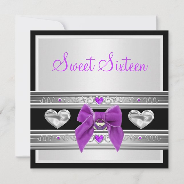 Sweet 16 Sixteen Birthday White Black Purple Bow Invitation (Front)