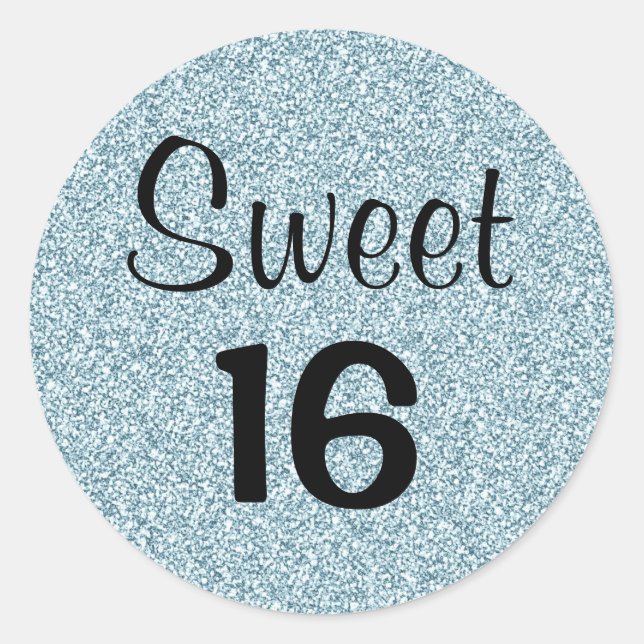 Sweet 16 Sixteen Black Blue Silver Glitter Sparkle Classic Round Sticker (Front)