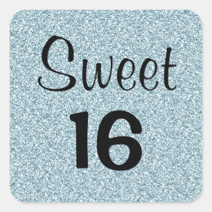 Sweet 16 Sixteen Black Blue Silver Glitter Sparkle Square Sticker