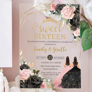 Sweet 16 Sixteen Black Dress Pink Floral Gold Twin Acrylic Invitations