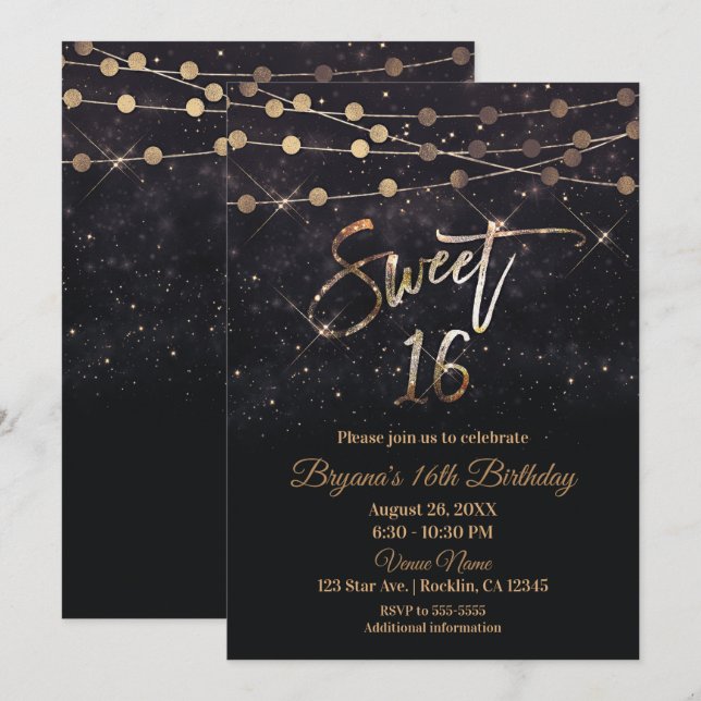 Sweet 16 Sixteen Black & Gold Sparkle Lights Invitation (Front/Back)
