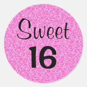 Sweet 16 Sixteen Black & Hot Pink Glitter Sparkles Classic Round Sticker