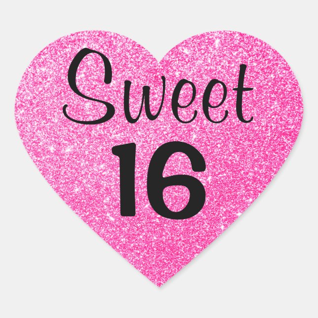 Sweet 16 Sixteen Black & Hot Pink Glitter Sparkles Heart Sticker (Front)