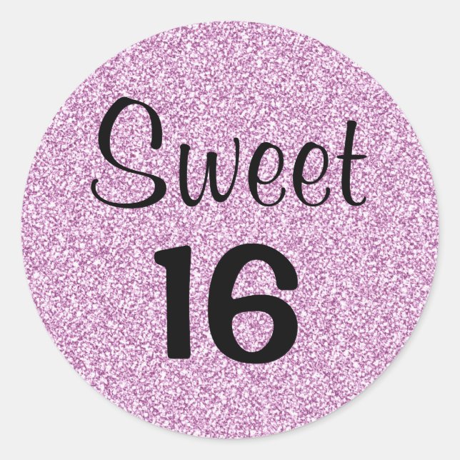 Sweet 16 Sixteen Black & Purple Glitter Sparkles Classic Round Sticker (Front)
