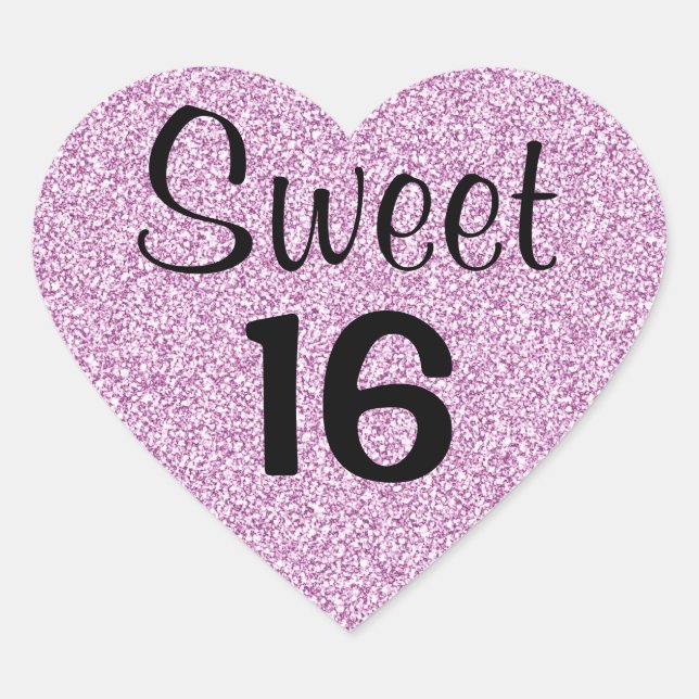 Sweet 16 Sixteen Black & Purple Glitter Sparkles Heart Sticker (Front)