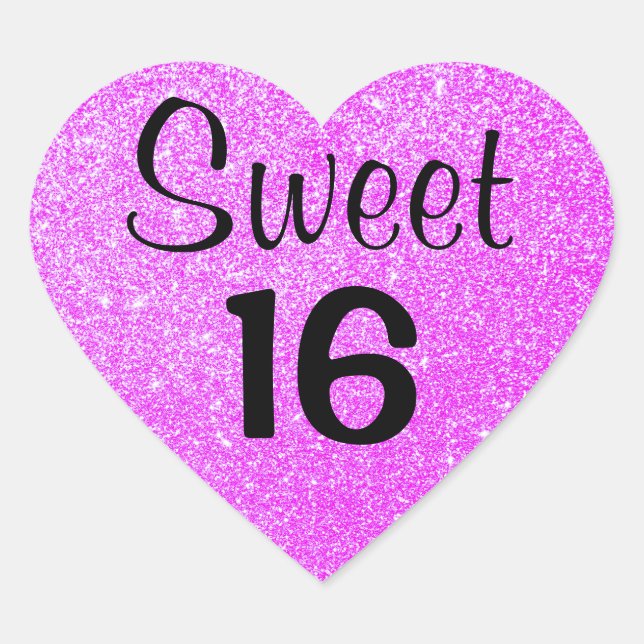 Sweet 16 Sixteen Black & Purple Glitter Sparkles Heart Sticker (Front)