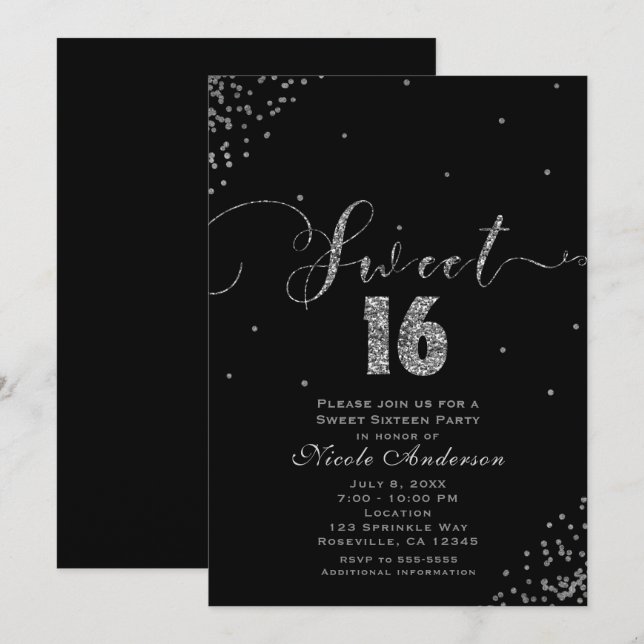 SWEET 16 Sixteen Black & Silver Confetti Corner Invitation (Front/Back)
