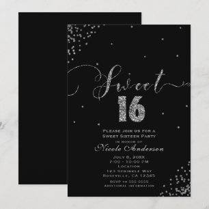 SWEET 16 Sixteen Black & Silver Confetti Corner Invitation