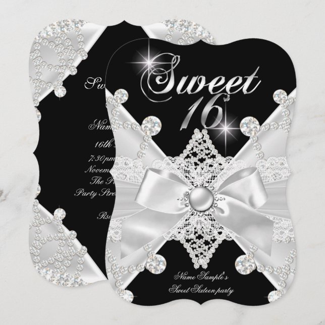 Sweet 16 Sixteen Black Silver Diamond Birthday Invitation (Front/Back)