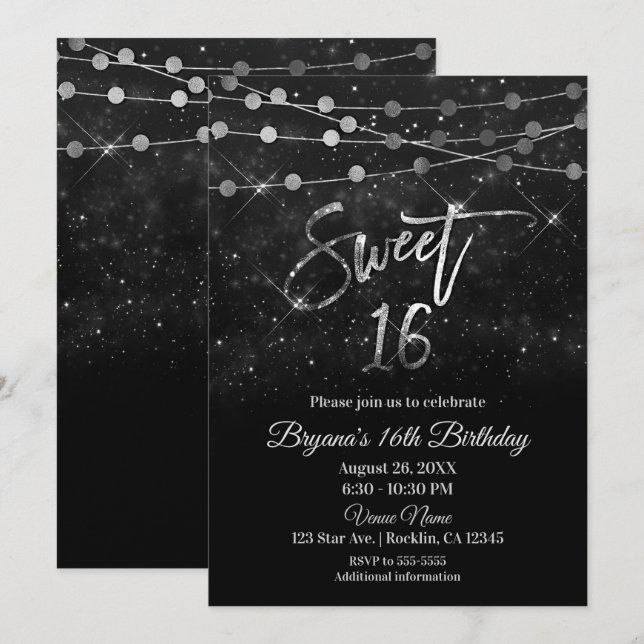 Sweet 16 Sixteen Black & Silver Sparkle Lights Invitation (Front/Back)